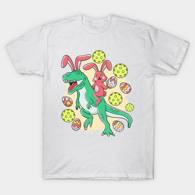 Pickleball Easter Bunny Funny T-Rex T-Shirt by Little Duck Designs